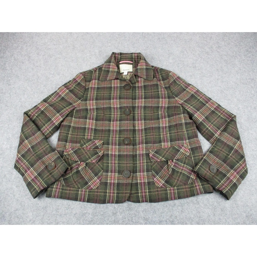 Faconnable Jacket Womens Large Green Pink Tweed Plaid Wool Blend Lined Coat